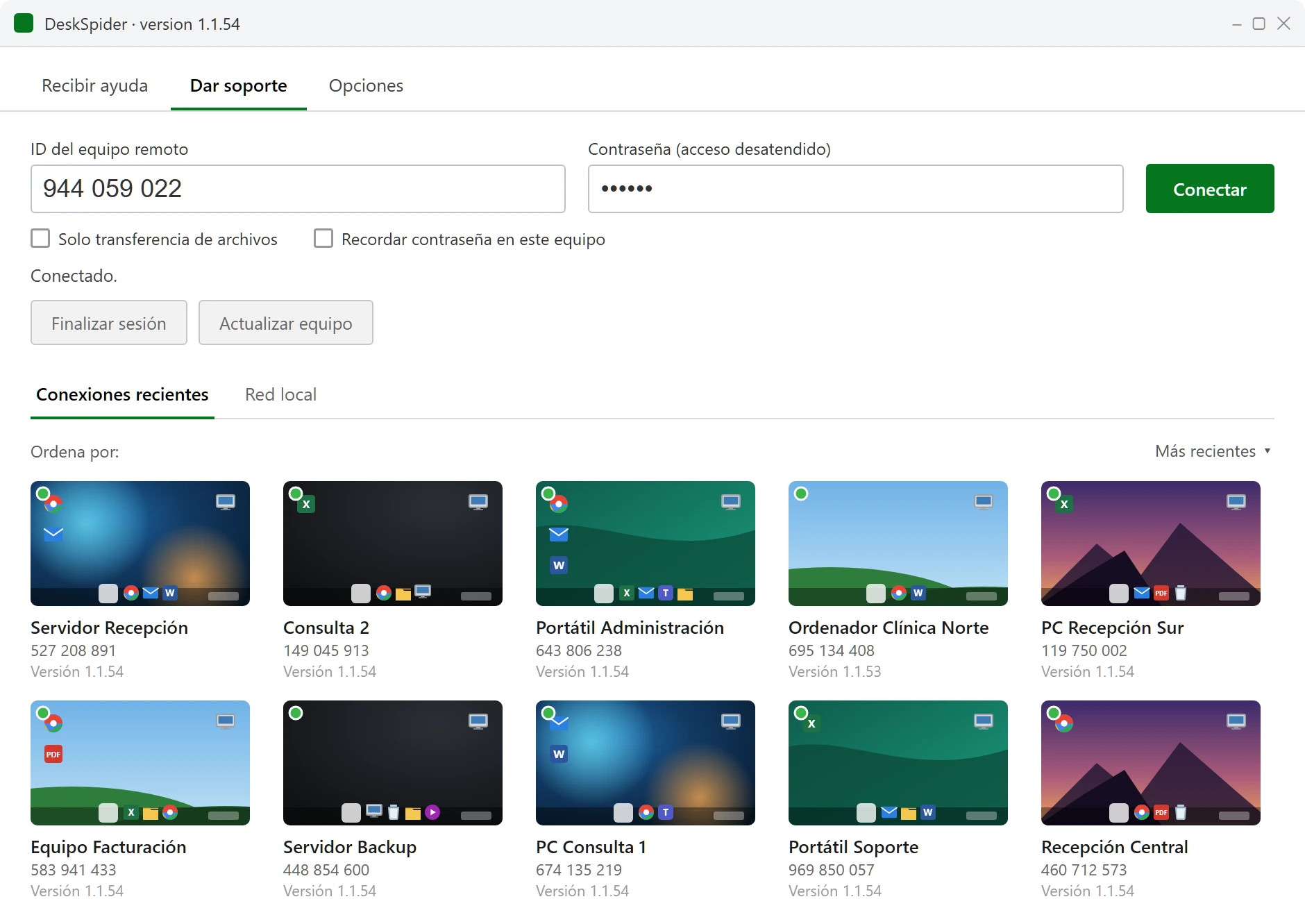 Pantalla «Dar soporte» de DeskSpider, con las conexiones recientes del técnico