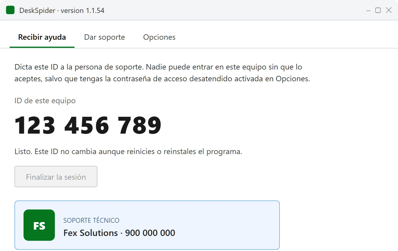 Pantalla «Recibir ayuda» de DeskSpider, con el identificador de 9 cifras del equipo