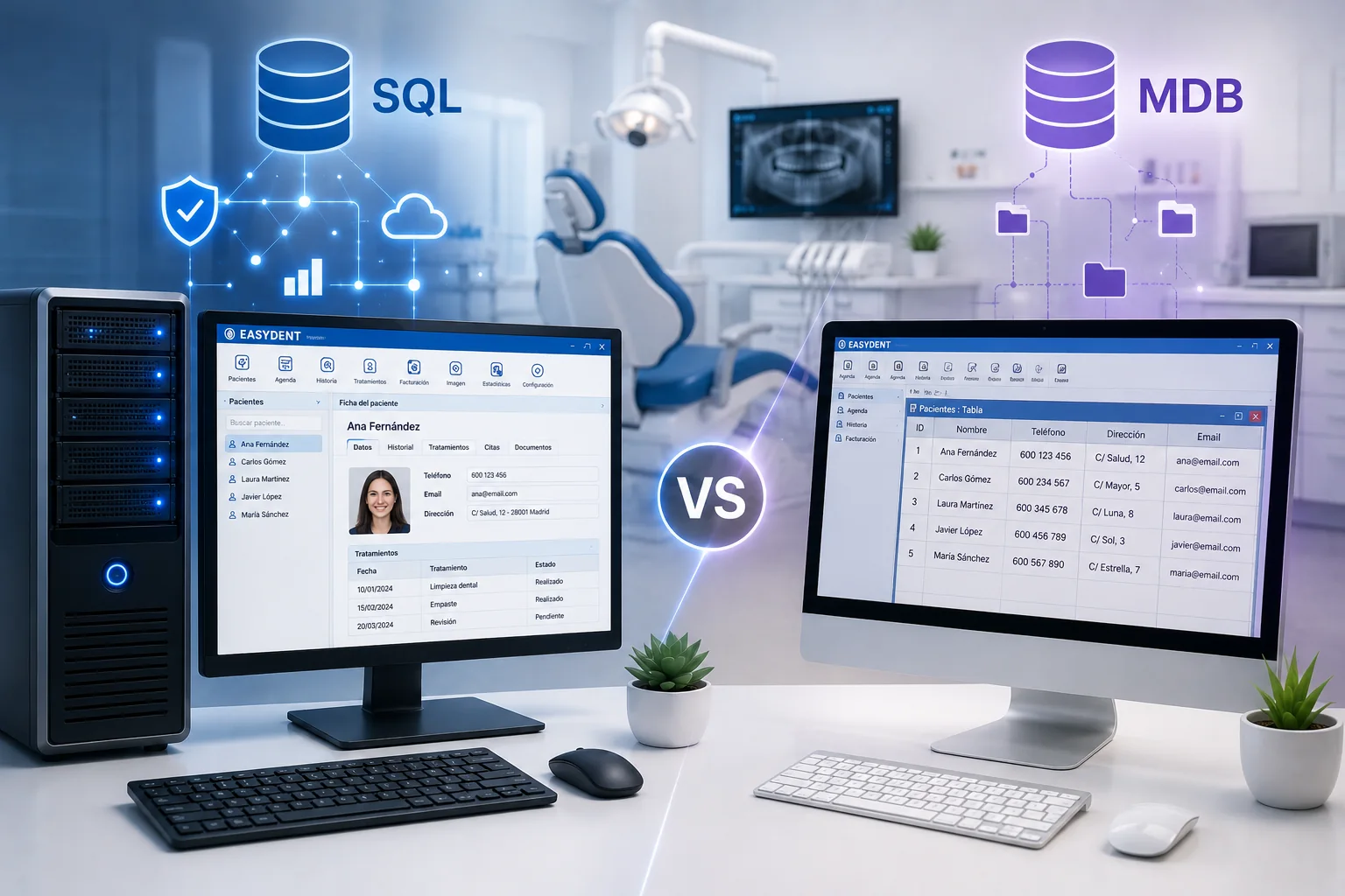 Comparativa SQL vs MDB en software dental para clínicas dentales