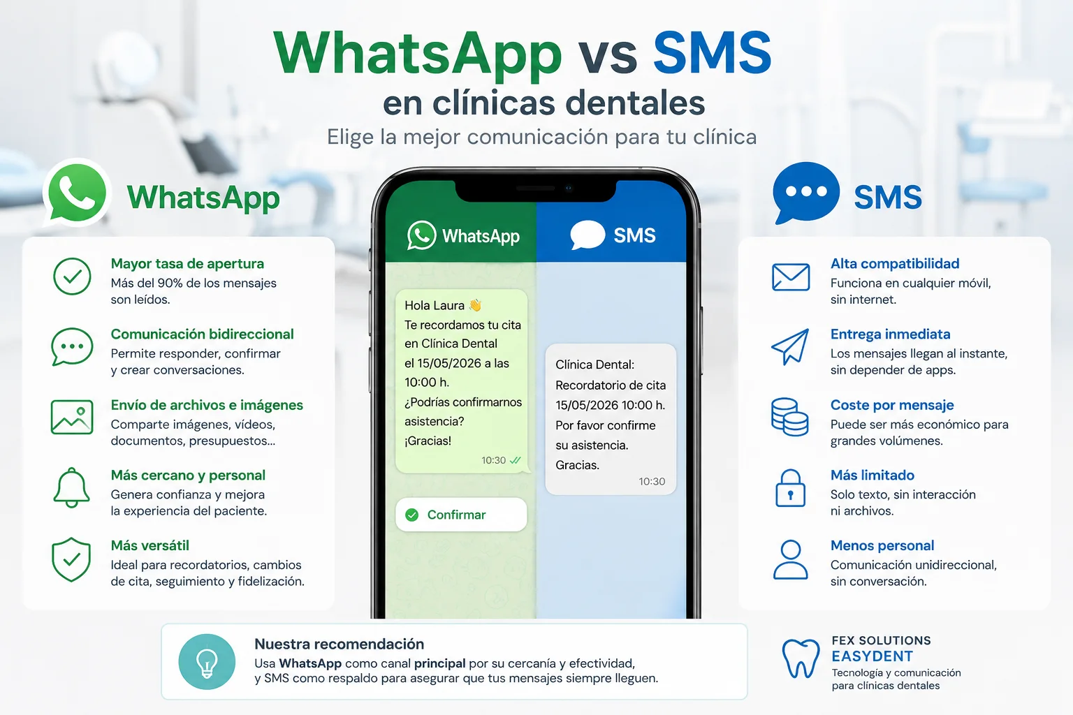 Comparativa WhatsApp y SMS para comunicación con pacientes en clínicas dentales