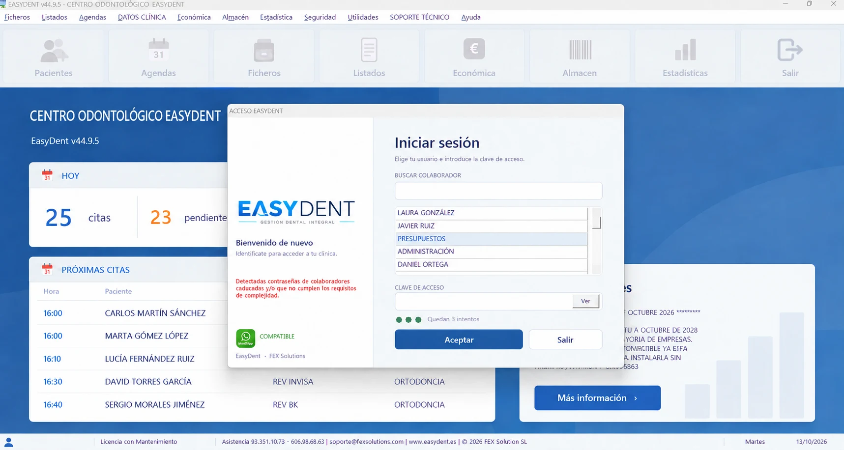 Pantalla de acceso de EASYDENT con datos de demostración