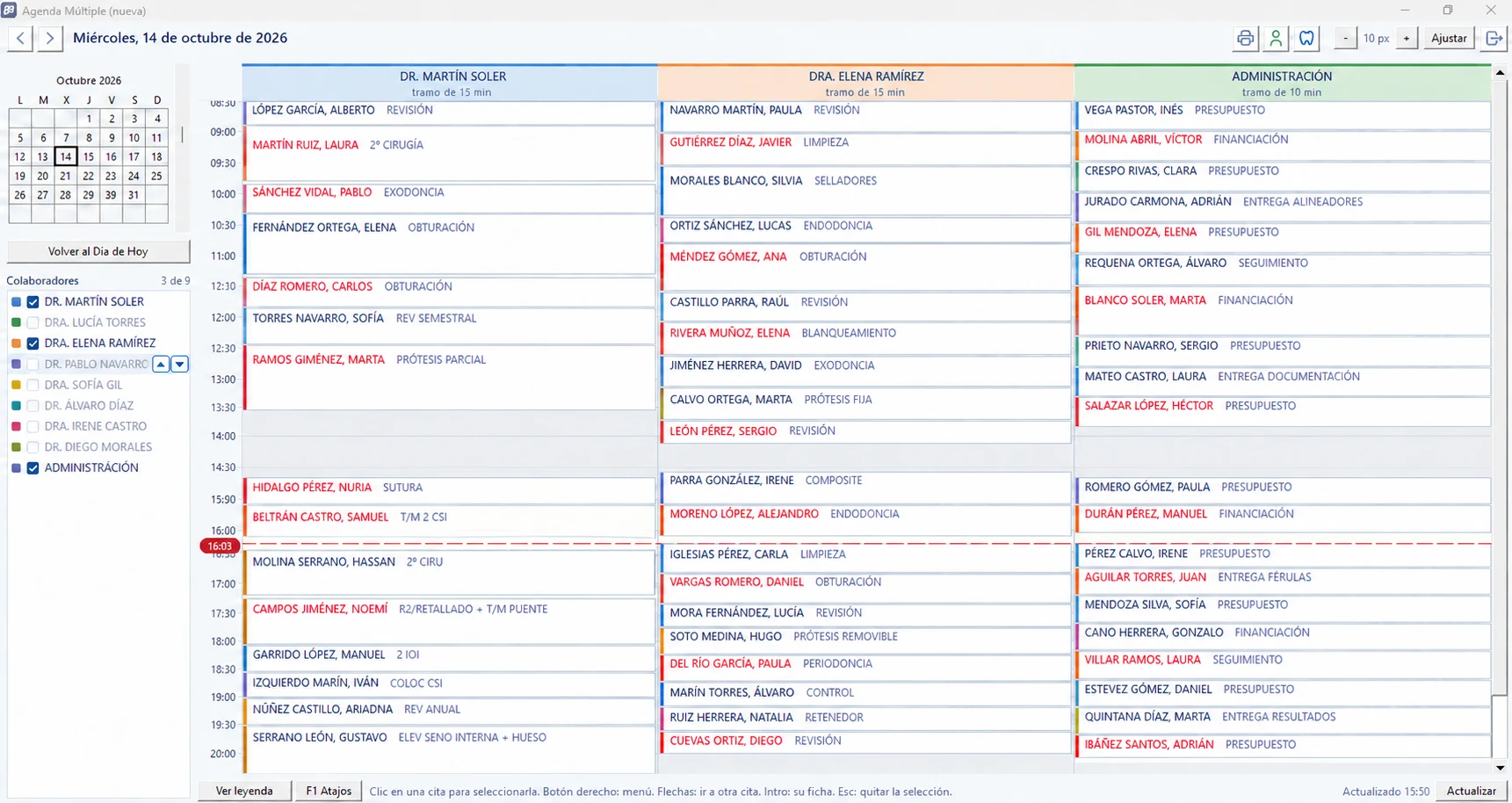 Agenda múltiple de EASYDENT con citas de demostración