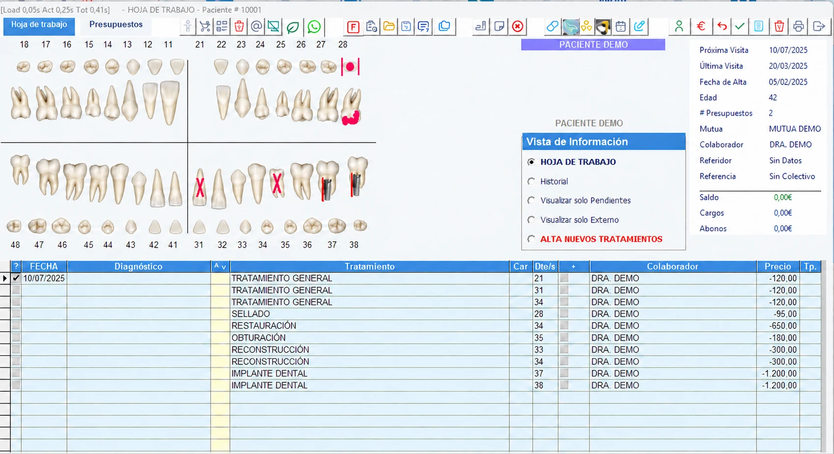 Ficha clínica dental de EASYDENT con datos de demostración